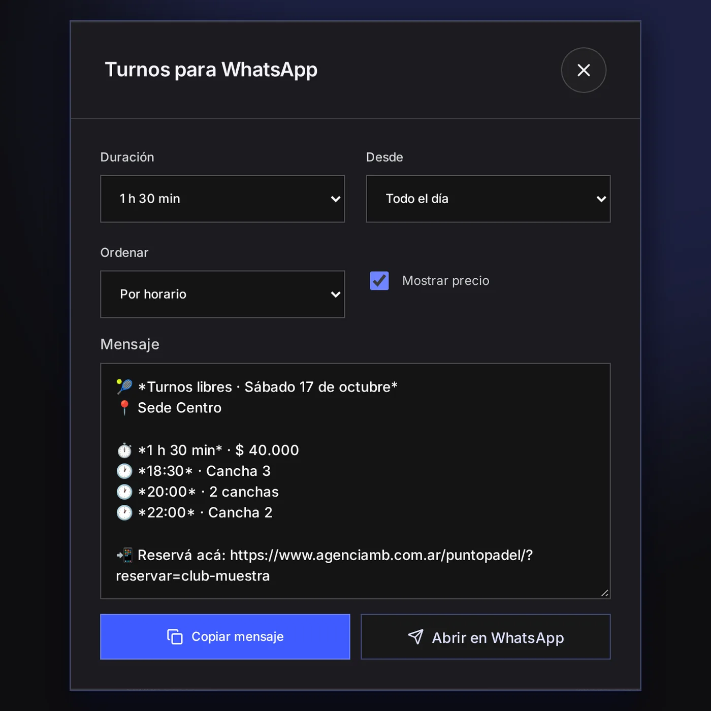 Turnos libres para WhatsApp